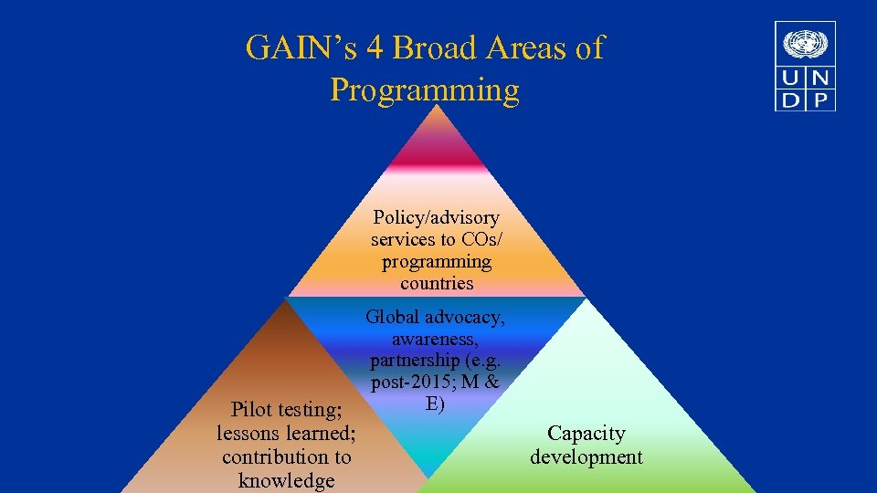 GAIN’s 4 Broad Areas of Programming Policy/advisory services to COs/ programming countries Pilot testing;