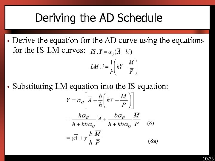 Deriving the AD Schedule • Derive the equation for the AD curve using the