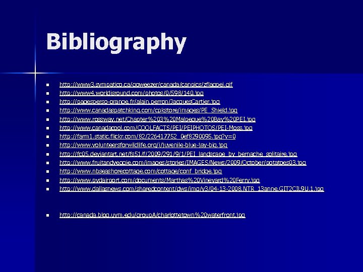 Bibliography n http: //www 3. sympatico. ca/goweezer/canada/canpics/zflagpei. gif http: //www 4. worldisround. com/photos/0/598/140. jpg