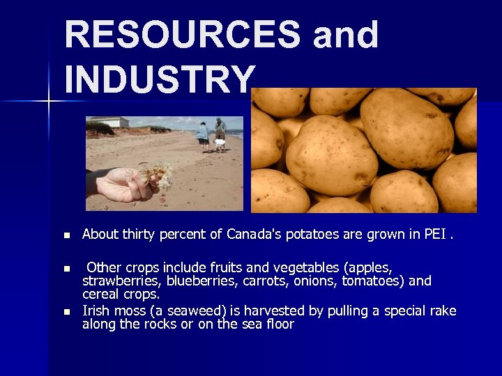 RESOURCES and INDUSTRY n About thirty percent of Canada's potatoes are grown in PEI.