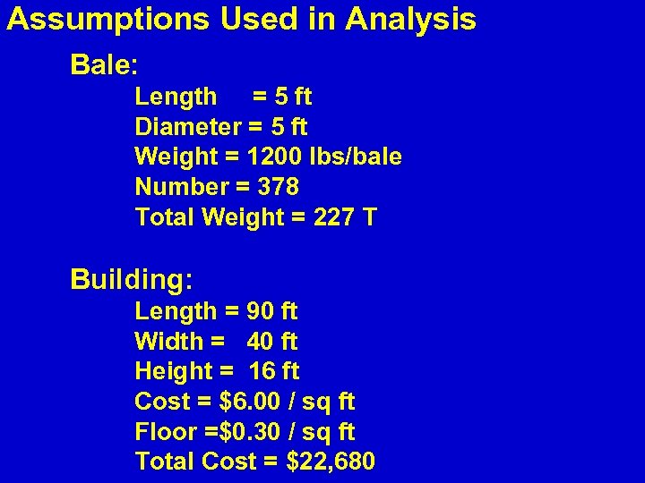 Assumptions Used in Analysis Bale: Length = 5 ft Diameter = 5 ft Weight