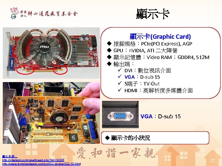 顯示卡 顯示卡(Graphic Card) u 接腳規格：PCIe(PCI Express), AGP u GPU：n. VIDIA, ATI 二大陣營 u 顯示記憶體：Video