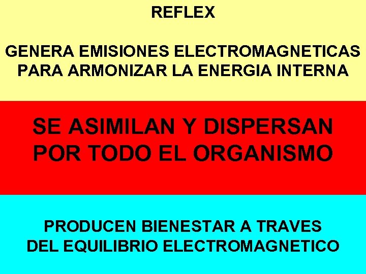 REFLEX GENERA EMISIONES ELECTROMAGNETICAS PARA ARMONIZAR LA ENERGIA INTERNA SE ASIMILAN Y DISPERSAN POR