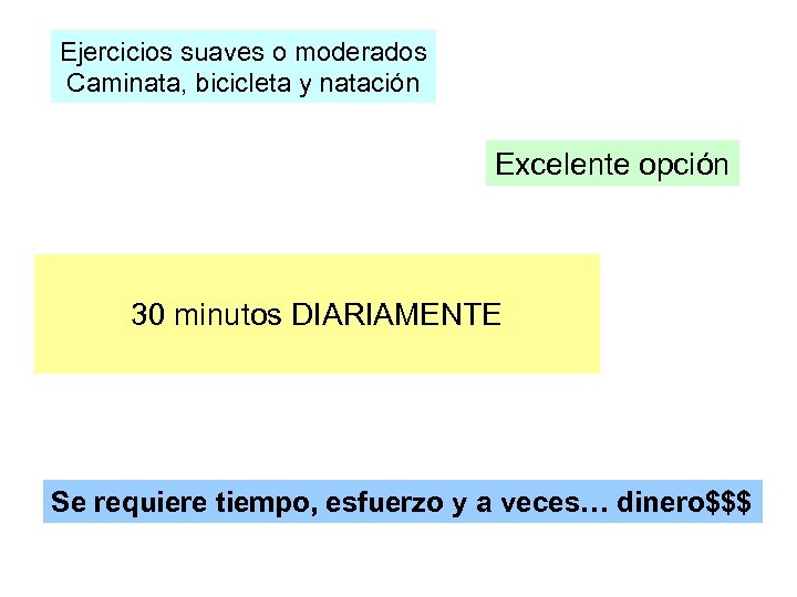 Ejercicios suaves o moderados Caminata, bicicleta y natación Excelente opción 30 minutos DIARIAMENTE Se