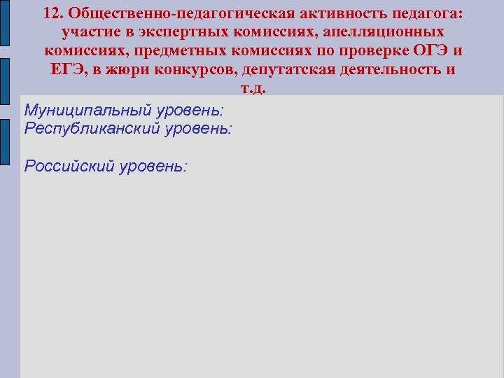12. Общественно-педагогическая активность педагога: участие в экспертных комиссиях, апелляционных комиссиях, предметных комиссиях по проверке