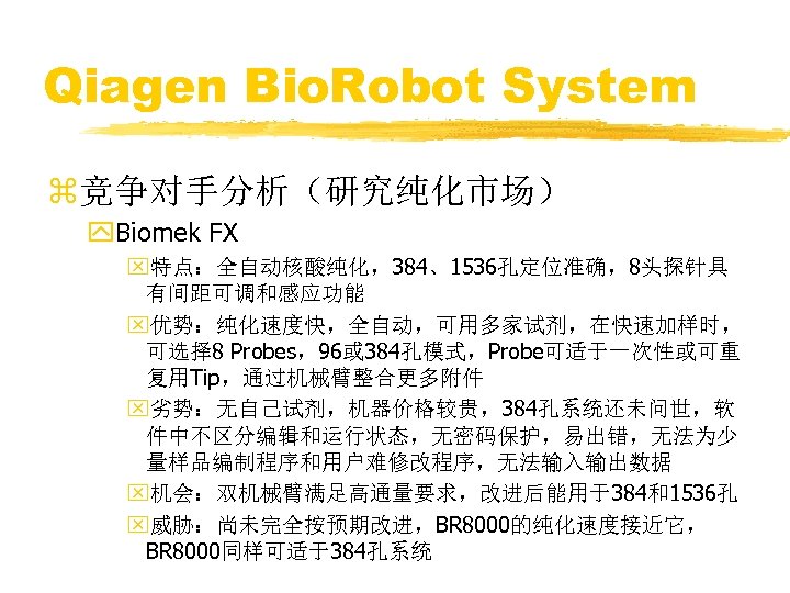 Qiagen Bio. Robot System z竞争对手分析（研究纯化市场） y. Biomek FX x特点：全自动核酸纯化，384、1536孔定位准确，8头探针具 有间距可调和感应功能 x优势：纯化速度快，全自动，可用多家试剂，在快速加样时， 可选择 8 Probes，96或