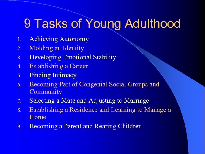 9 Tasks of Young Adulthood 1. 2. 3. 4. 5. 6. 7. 8. 9.