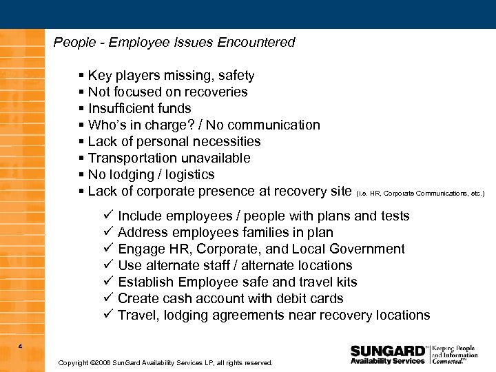 People - Employee Issues Encountered § Key players missing, safety § Not focused on