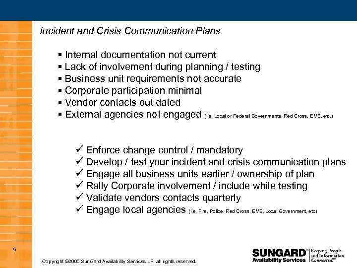 Incident and Crisis Communication Plans § Internal documentation not current § Lack of involvement