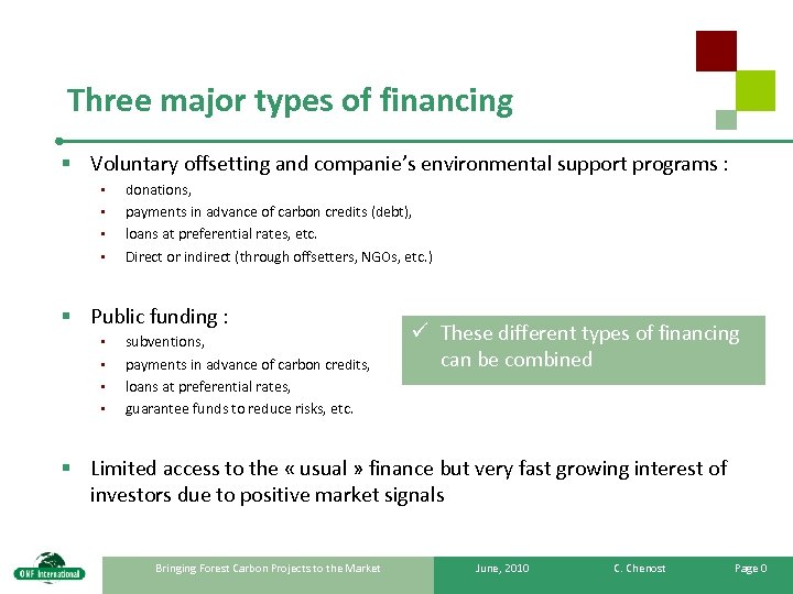 Three major types of financing § Voluntary offsetting and companie’s environmental support programs :