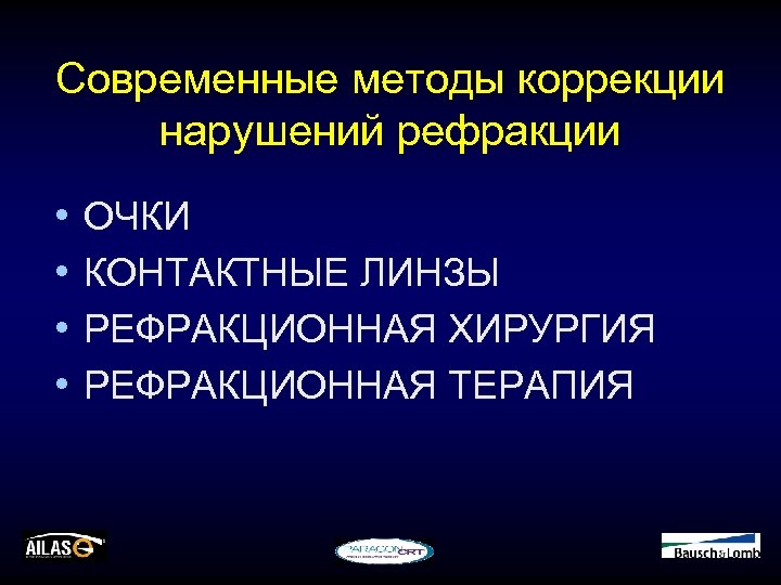 Современные методы коррекции нарушений рефракции • • ОЧКИ КОНТАКТНЫЕ ЛИНЗЫ РЕФРАКЦИОННАЯ ХИРУРГИЯ РЕФРАКЦИОННАЯ ТЕРАПИЯ