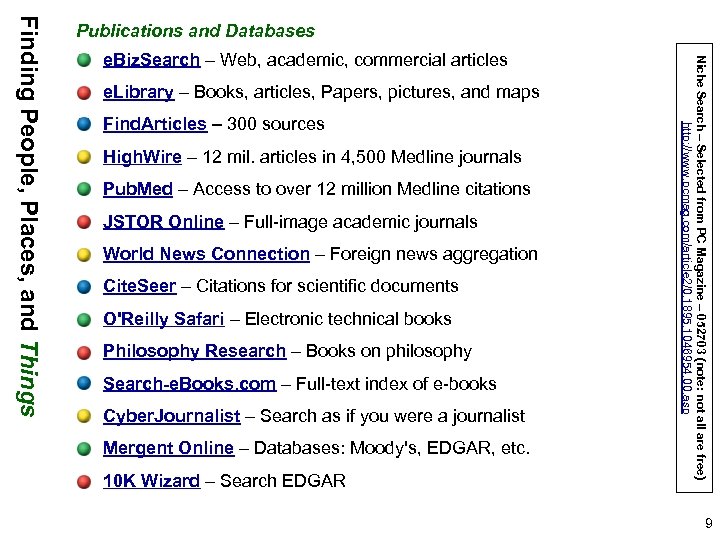 e. Biz. Search – Web, academic, commercial articles e. Library – Books, articles, Papers,