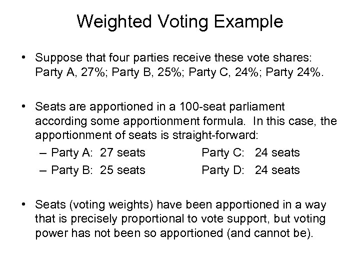Weighted Voting Example • Suppose that four parties receive these vote shares: Party A,