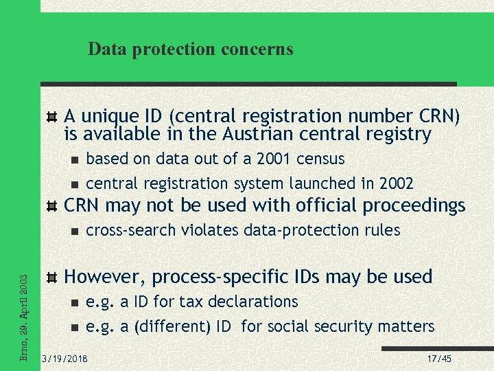 Data protection concerns A unique ID (central registration number CRN) is available in the