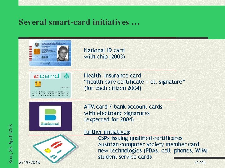 Several smart-card initiatives … National ID card with chip (2003) Health insurance card “health