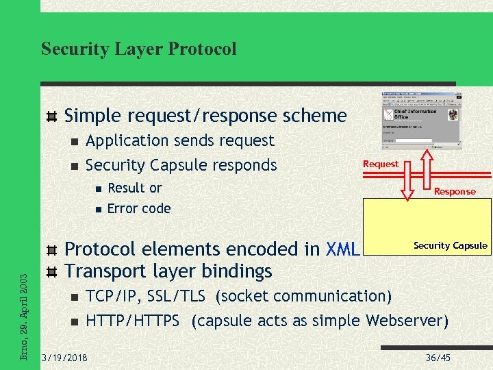 Security Layer Protocol Simple request/response scheme Application sends request Security Capsule responds Result or
