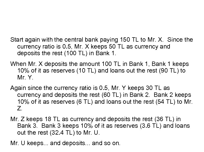 Start again with the central bank paying 150 TL to Mr. X. Since the