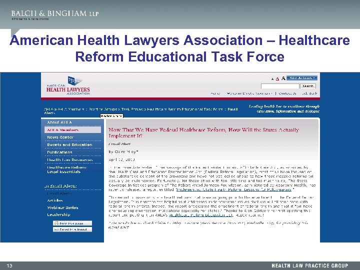 American Health Lawyers Association – Healthcare Reform Educational Task Force 13 