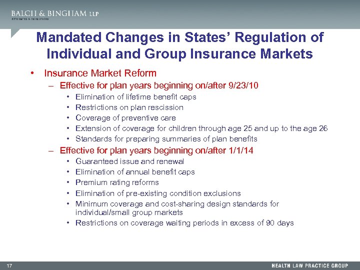 Mandated Changes in States’ Regulation of Individual and Group Insurance Markets • Insurance Market