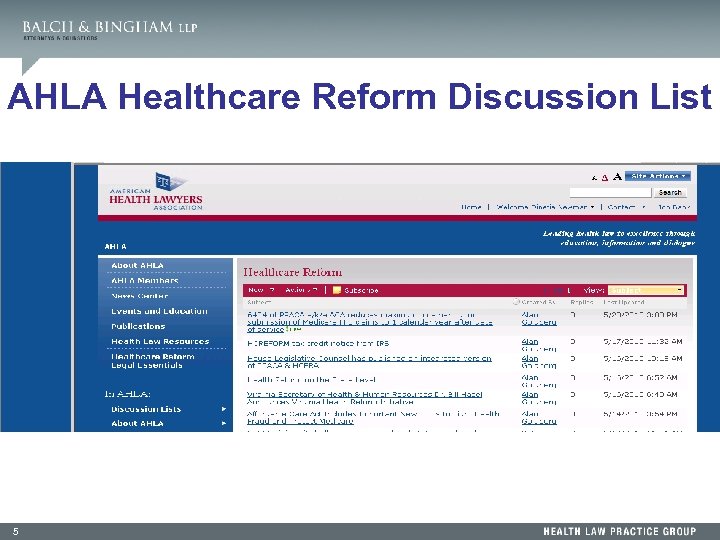 AHLA Healthcare Reform Discussion List 5 