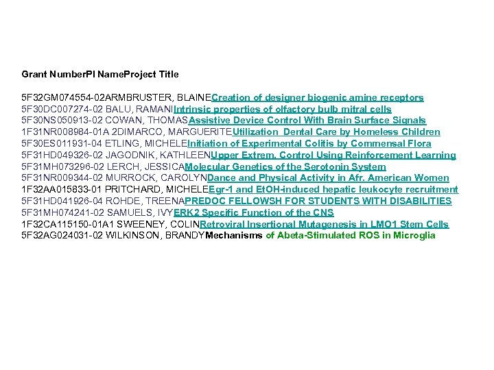 Grant Number. PI Name. Project Title 5 F 32 GM 074554 -02 ARMBRUSTER, BLAINECreation