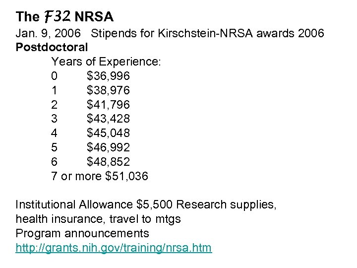 The F 32 NRSA Jan. 9, 2006 Stipends for Kirschstein-NRSA awards 2006 Postdoctoral Years