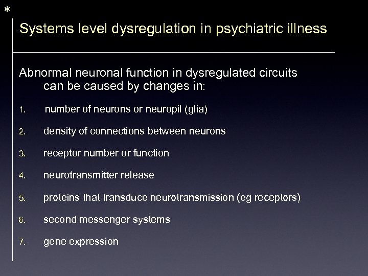 * Systems level dysregulation in psychiatric illness Abnormal neuronal function in dysregulated circuits can