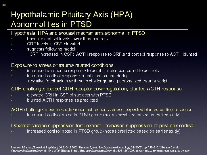 * Hypothalamic Pituitary Axis (HPA) Abnormalities in PTSD Hypothesis: HPA and arousal mechanisms abnormal