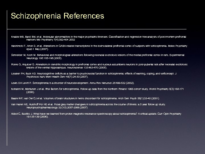 Schizophrenia References Knable MB, Barci BM, et al. Molecular abnormalities in the major psychiatric