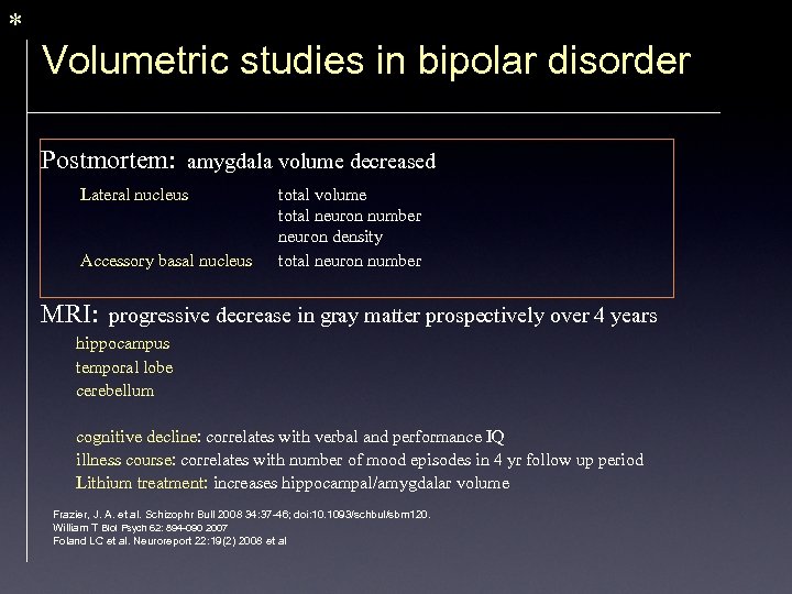 * Volumetric studies in bipolar disorder Postmortem: amygdala volume decreased Lateral nucleus Accessory basal