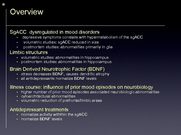 * Overview Sg. ACC dysregulated in mood disorders • • • depressive symptoms correlate