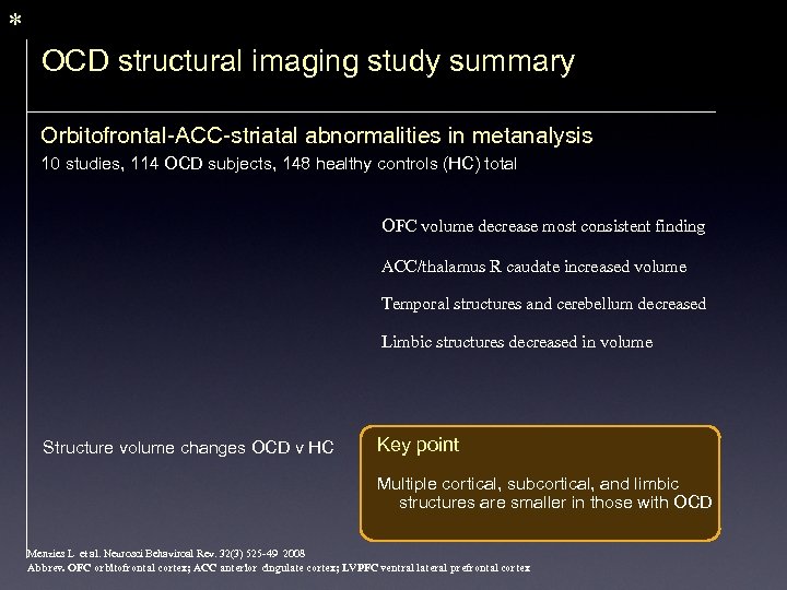 * OCD structural imaging study summary Orbitofrontal-ACC-striatal abnormalities in metanalysis 10 studies, 114 OCD