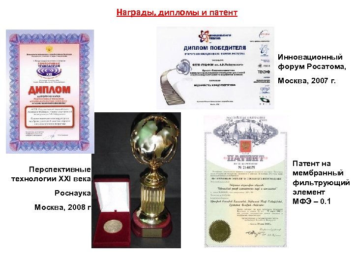 Награды, дипломы и патент Инновационный форум Росатома, Москва, 2007 г. Перспективные технологии XXI века,