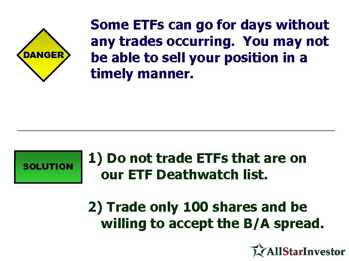 DANGER SOLUTION Some ETFs can go for days without any trades occurring. You may