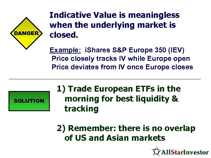 DANGER Indicative Value is meaningless when the underlying market is closed. Example: i. Shares