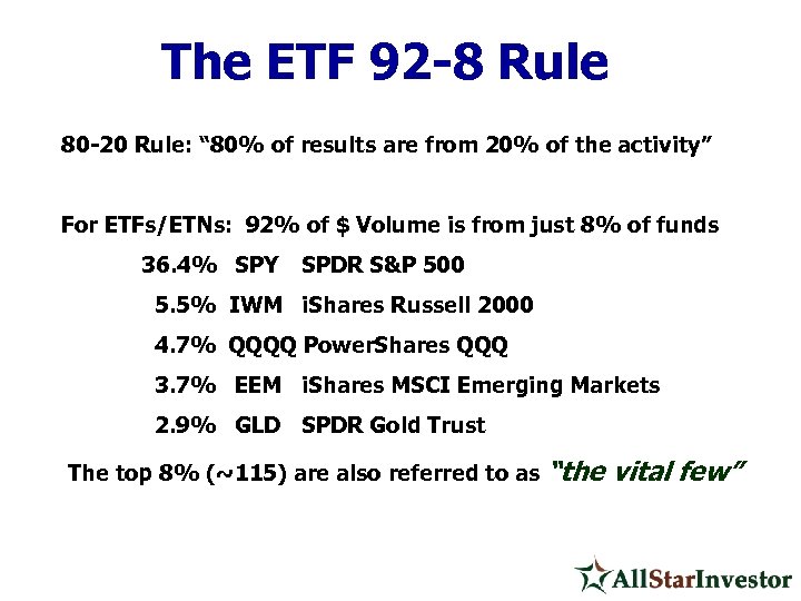 The ETF 92 -8 Rule 80 -20 Rule: “ 80% of results are from