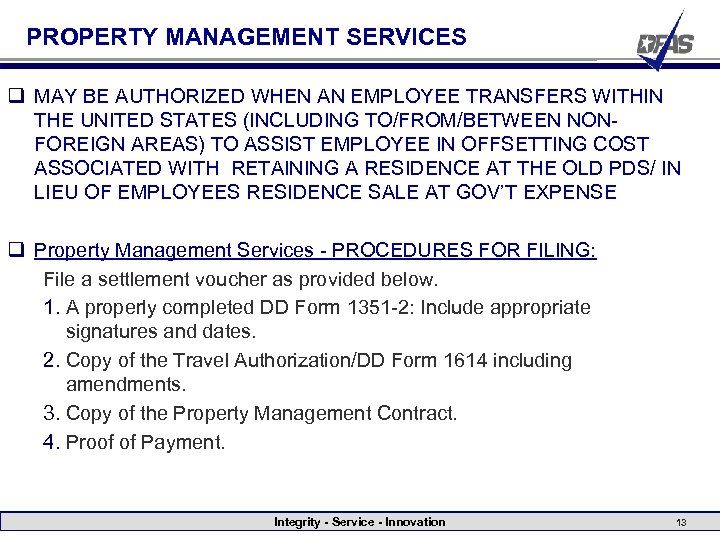PROPERTY MANAGEMENT SERVICES q MAY BE AUTHORIZED WHEN AN EMPLOYEE TRANSFERS WITHIN THE UNITED