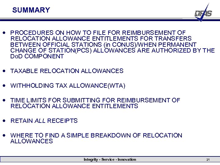 SUMMARY PROCEDURES ON HOW TO FILE FOR REIMBURSEMENT OF RELOCATION ALLOWANCE ENTITLEMENTS FOR TRANSFERS