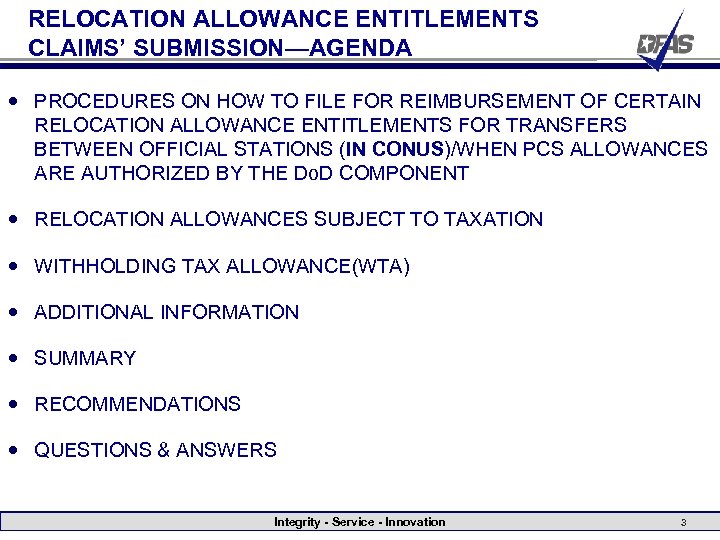 RELOCATION ALLOWANCE ENTITLEMENTS CLAIMS’ SUBMISSION—AGENDA PROCEDURES ON HOW TO FILE FOR REIMBURSEMENT OF CERTAIN