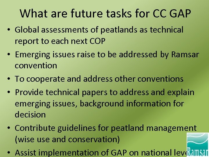 What are future tasks for CC GAP • Global assessments of peatlands as technical
