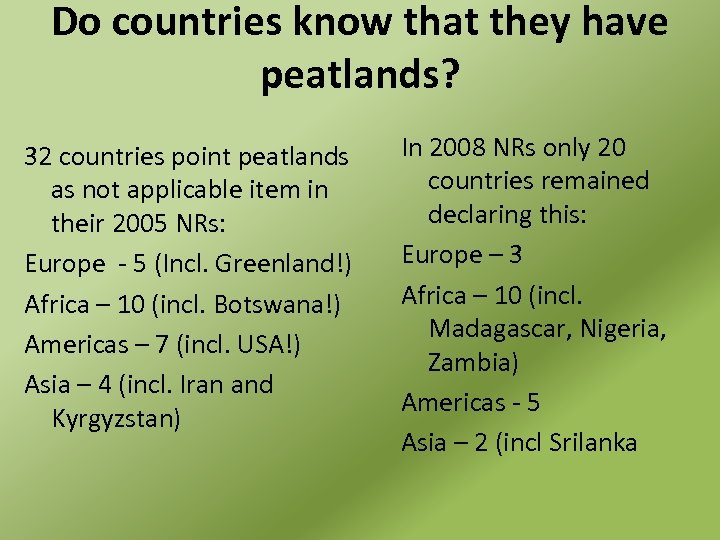 Do countries know that they have peatlands? 32 countries point peatlands as not applicable