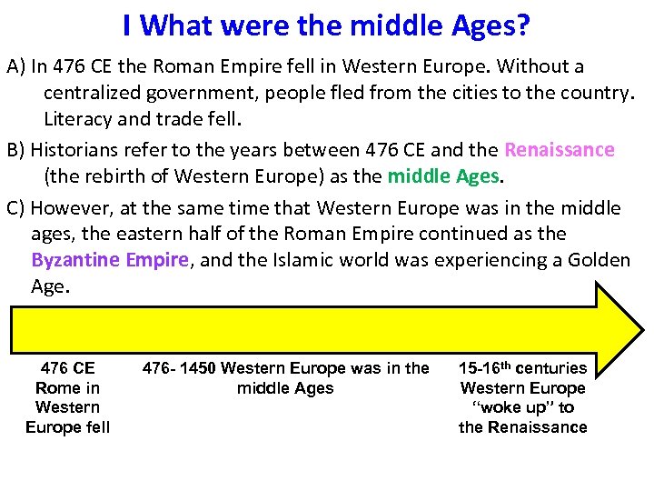I What were the middle Ages? A) In 476 CE the Roman Empire fell