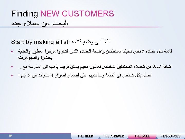  Finding NEW CUSTOMERS ﺍﻟﺒﺤﺚ ﻋﻦ ﻋﻤﻼﺀ ﺟﺪﺩ ﺍﻟﺒﺪﺃ ﻓﻲ ﻭﺿﻊ ﻗﺎﺋﻤﺔ : Start