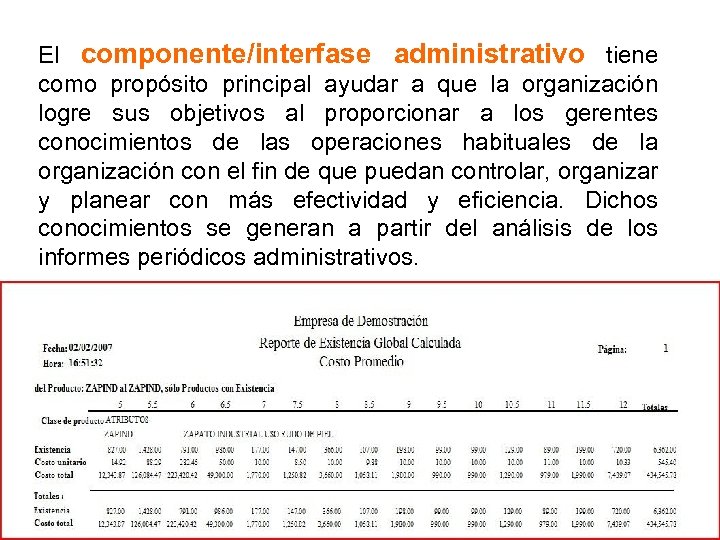 El componente/interfase administrativo tiene como propósito principal ayudar a que la organización logre sus