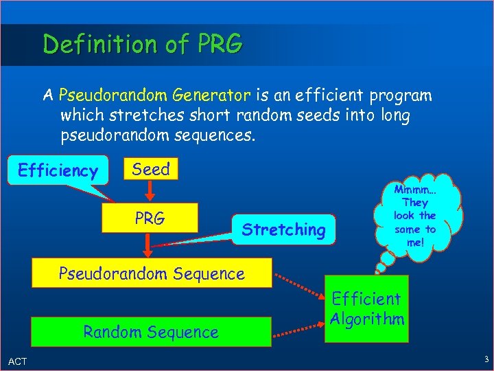 Definition of PRG A Pseudorandom Generator is an efficient program which stretches short random