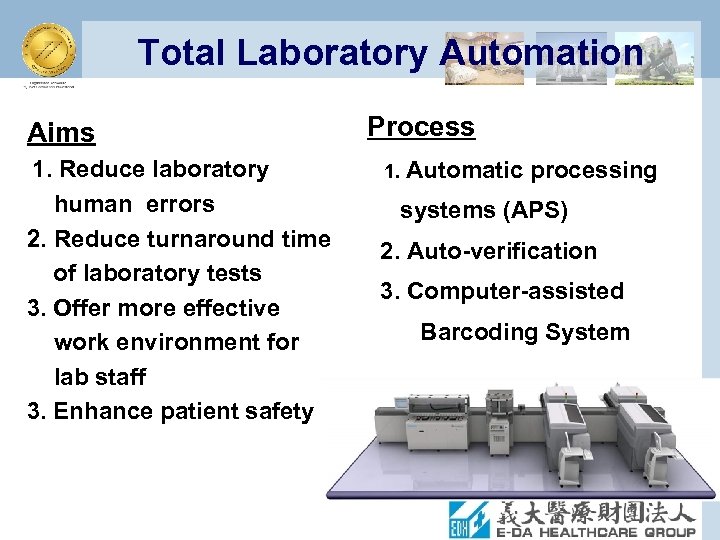 Total Laboratory Automation Aims Process 1. Reduce laboratory 1. Automatic processing human errors 2.