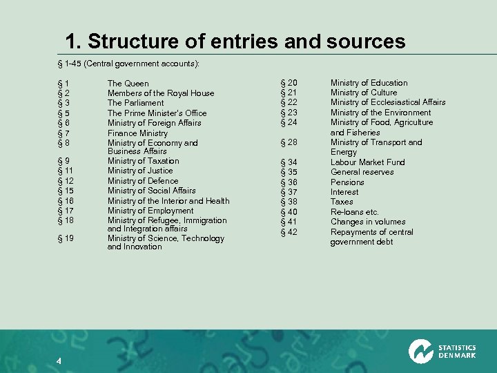 1. Structure of entries and sources § 1 -45 (Central government accounts): § 1