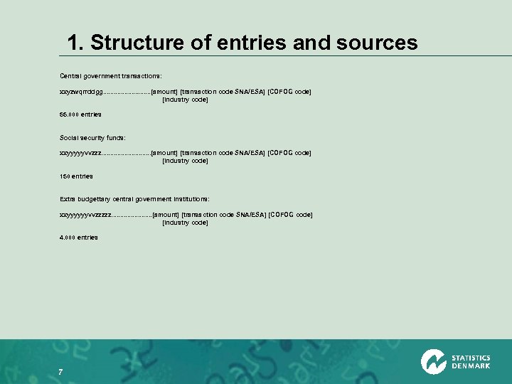 1. Structure of entries and sources Central government transactions: xxyzwqrrddgg. . . . [amount]