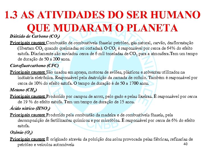 1. 3 AS ATIVIDADES DO SER HUMANO QUE MUDARAM O PLANETA Dióxido de Carbono