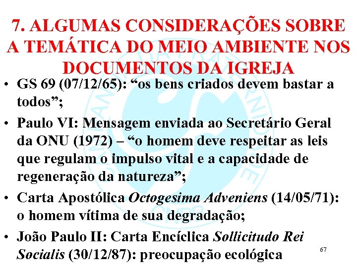 7. ALGUMAS CONSIDERAÇÕES SOBRE A TEMÁTICA DO MEIO AMBIENTE NOS DOCUMENTOS DA IGREJA •